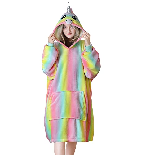 Queenshin Hoodie Decke Regenbogen Einhorn Übergroßer Sweatshirts für Damen, Flauschig Fleece Ovrsized Decke mit Sherpa kuscheldecke mit Ärmeln,...