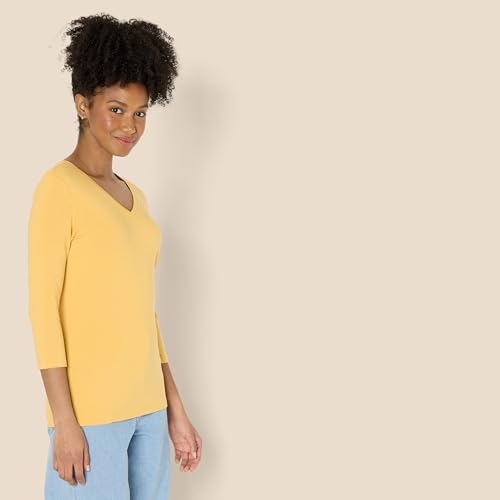 Amazon Essentials Camiseta con Cuello en V y Manga 3/4 de Corte Estándar (Disponible en Tallas Grandes) Mujer, Amarillo Oscuro, XXL