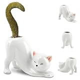 HKZTUY Ceramic Cat Planter – Tailless Kitty Design for Succulents and Cactus, Perfect for Office or Home Decor, Ideal for Pet-Loving Planters