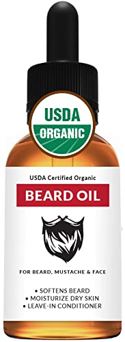 Organic Beard & Mustache Oil - Unscented Certified Organic 100% All Natural Leave-In Beard Conditioner - Moisturize & Hydrate Beard, Mustache And Face -1 Fl Oz Glass Bottle & Dropper #TOP23