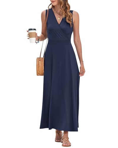 Image of AUSELILY Womens Maxi Dress Summer Sleeveless Wrap Long Dresses with Pockets | V-Neck Wrap Sleeveless Sundress, fits formal, casual, beach, vacation & daily wear