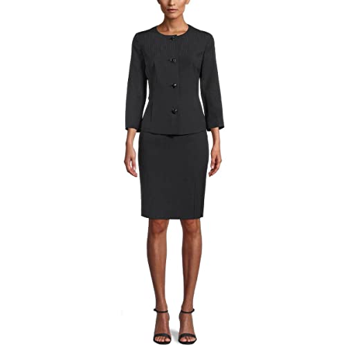 Le Suit Women's 4 Button Jewel Neck Seamed Texture Jacquard Slim Skirt Suit, Black #TOP9