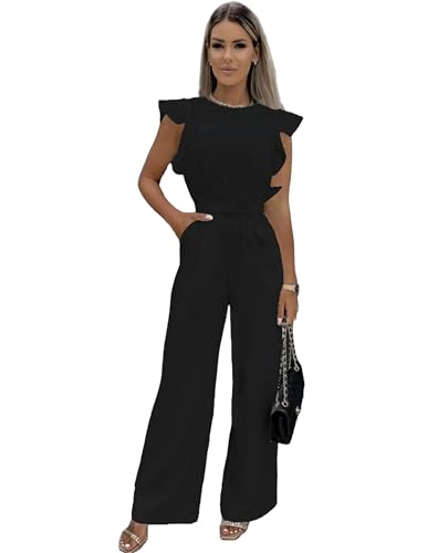 Juketron Mono con Pernera Ancha De Manga Corta De Verano para Mujer   Mameluco Elegante Ropa De Calle Vintage   Negro   Talla M