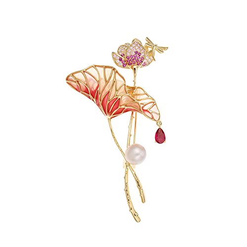 Image of 14K Gold Lotus Leaf Brooch with Sparkling Moissanite & Pearl, Elegant Flower Design - Unique Jewelry Gift for All Occasions