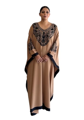 Abaya Caftan élégant LA KASHA robe Sable broderie noire Col V