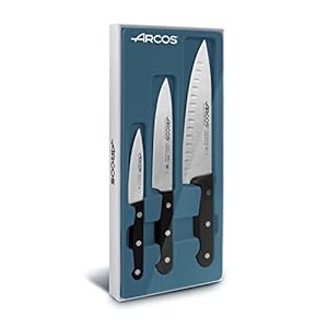 ARCOS Knife Set 3 pieces Stainless Steel. 2 Chef Knives + 1 Paring Knife. Professional Kitchen Knives for Cooking. Ergonomic Polyoxymethylene POM Handle. Series Universal. Color Black.