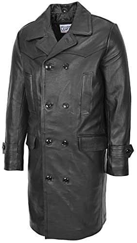 Mens Real Leather 3/4 Length Coat Double Breasted Trench Style Submarine Black4