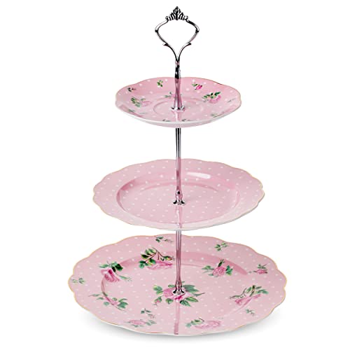 Brew To A Tea 3-Tier Porcelain Dessert Stand, Pink, 12"