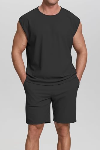 Cakulo Conjunto de 2 peças de shorts masculinos de verão e praia, com bolso, regatas e camisetas mus