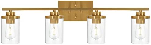 QueeuQ Brushed Brass Bathroom Vanity Light Fixtures 4-Light with Clear Glass Shade Farmhouse Wall Sconce Modern Light Fixture Wall Mount Lamp for Hallway Dining Room Living Room