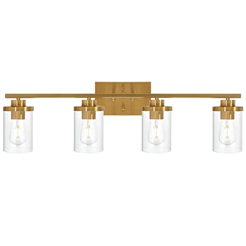 Queeuq Brushed Brass Bathroom Vanity Light Fixtures 4-Light With Clear Glass Shade Farmhouse Wall Sconce Modern Light Fixture Wall Mount Lamp For Hallway Dining Room Living Room #TOP1