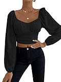 SheIn Damen Crop Top Langarm T-Shirt Herzausschnitt Oberteil Bauchfrei Cropped Shirts Langarmshirts mit Laternenärmeln Schwarz L