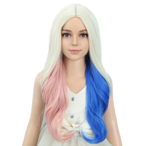 Image of PATTNIUM Pink and Blue Wavy Wig for Girls Kids Long Wavy Curly Wig Blonde Mixed Pink Blue Wigs Cosplay Halloween Party Wigs