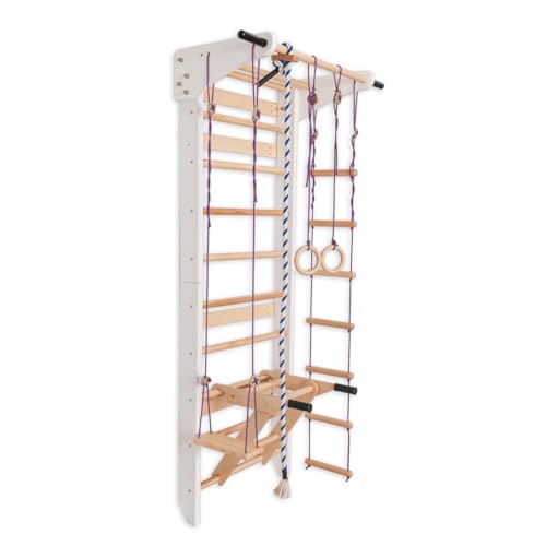 Escalera Sueca Blanca con Barras Paralelas para Niños y Adultos – Muro de Escalada de Madera, Equipo de Entrenamiento Multifuncional con Medidor de Altura, Anillas, Cuerda, Columpio y Barras de Dips