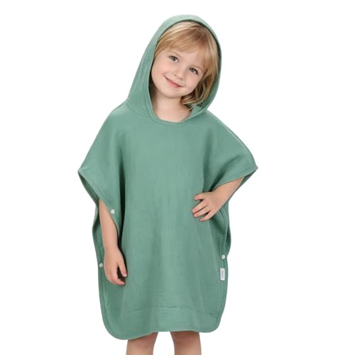Montrestar Badeponcho Kinder Handtuch Poncho aus 100% Musselin Baumwolle Poncho Handtuch mit Kapuze Waschbar Badehandtuch für Baden Schwimmbad Strand Baby Jungen Mädchen Kleinkind (Grün)
