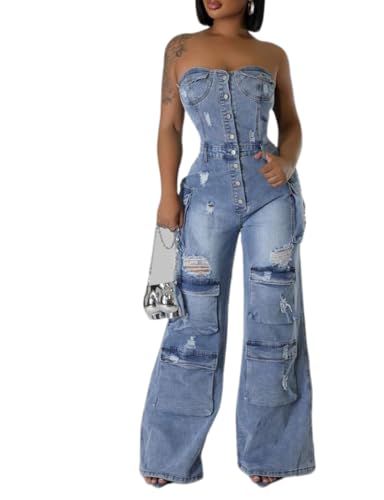 ksotutm Denim Jumpsuit for Women Strapless Multi Pockets Wide Leg Loose Baggy Jean Romper Cargo Overalls