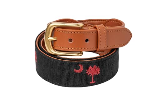 Palmetto Golf & Belts, Palmetto Tree Embroidered Golf Belt, Black South Carolina backdrop with Garnet Palmetto Tree