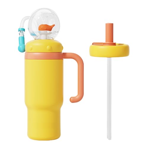 Image of VICSPORT Drinking Cup with Whale Squirt, Stainless Steel Whale Fountain Tumbler, Whales Spray Straw Sippy Cups Water Bottle with Two Lids 24oz for Kids Adult, Yellow