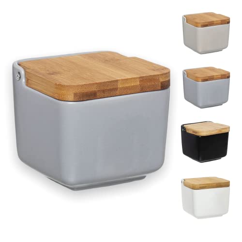 TIENDA EURASIA® Salero de Cocina de Porcelana con Tapa, Diseños Originales y Modernos (Salero Gris 12 x 12 x 11 cm)