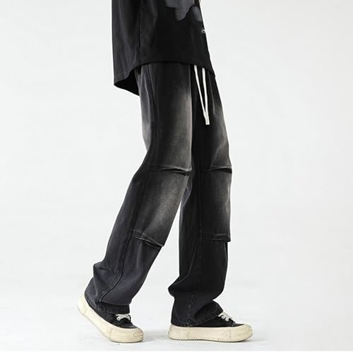 Men's Regular Fit Straight Jeans Stylish Spliced Lightweight Jean Trousers Drawstring Elastic Waist Denim Pants2