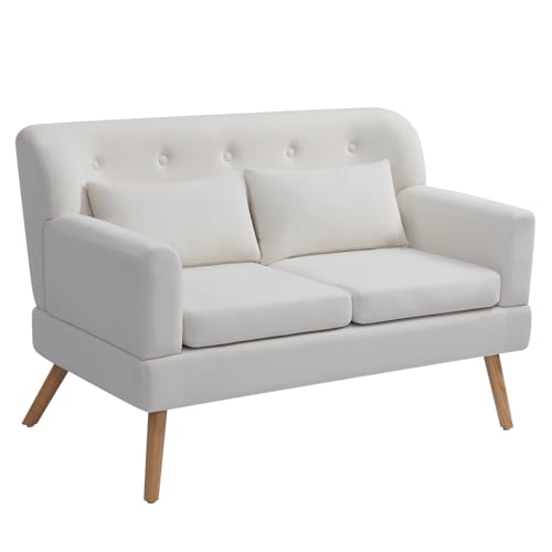 HollyHOME Sofa 2 Plazas Pequeño Sofá de Dos Plazas con Patas de Madera 117cm Terciopelo Relax Sofá para Salon Dormitorio Sala de Estar Oficina, Blanco