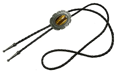 Image of Moranse Bolo Tie with Natural Tiger Eye Stone Celtic Style Genuine and Cowhide Rope