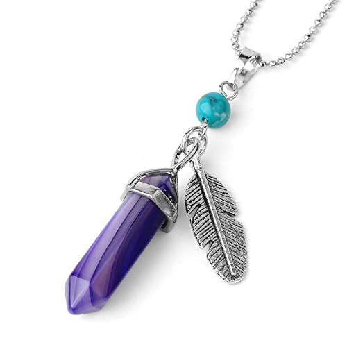 Pendentif en pierre naturelle agate violette hexagonale et collier plume pour femme
