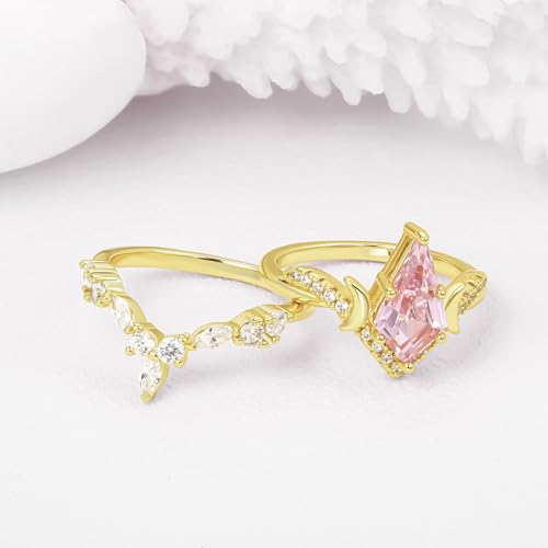 JIANGYUE Engagement Pink Rings Wedding Ring Set Kite Cut Ring4