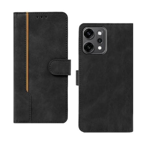 Image of amazon basics Oppo Reno 14 5G Flip Cover | Card Pockets Wallet & Stand | Flip Cover for Oppo Reno 14 5G (Black with Beige Strip)