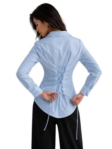 Image of OOMPH! Women's Cotton Solid Corset Style Shirt | Back Lace-Up Tie-Up Cinched Waist | Full Sleeve Button-Down Formal Office & Smart Casual Shirt