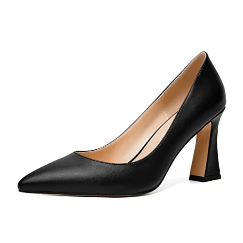 MERRORI Women's High Chunky Heels Dress Slip On Closed Toe Pointed Toe Evening Matte Heel Pumps Shoes 3.3 Inch