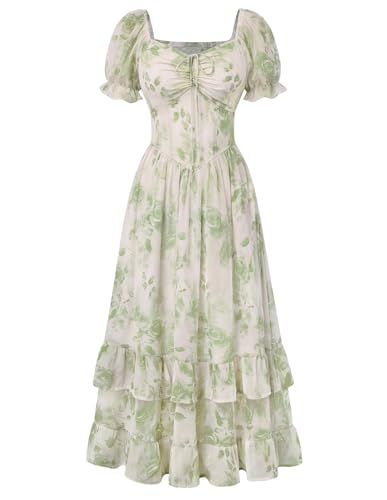 Image of Scarlet Darkness Women Floral Maxi Dress Puff Sleeve Tea Party Corset Dress | Pockets, Ruched Bust, Ruffled Hem, for Cottagecore Fairy Milkmaid Vacation