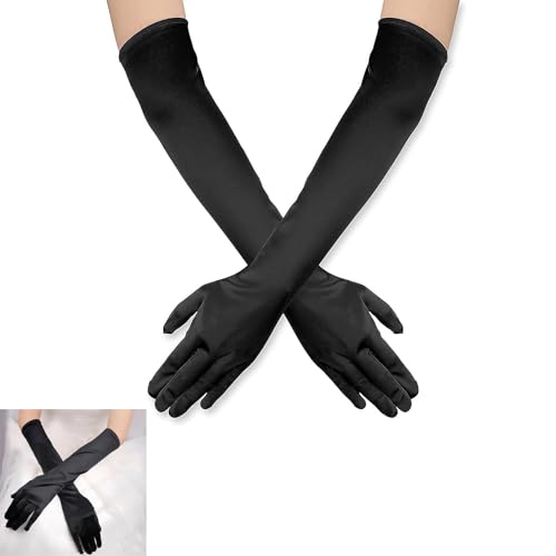 beejune Lange Schwarze Handschuhe, Elegant für Damen, Frauen, Mädchen - Halloween, Karneval, Fasching, Fest, Party, Kostüm (53cm)
