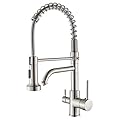 PDOLIGBDN 3 Way Spring Kitchen Faucet with Drinking Water Brass Dual Handle Cold and Hot Kitchen Mixer Tap, 360° Rotation Kitchen Sink Faucet with 2 Modes Pull Put Sprayer,Black(Brushed Nickel)