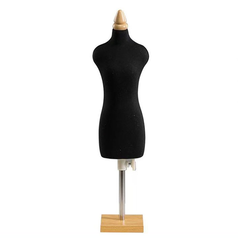 Puppen-Schneiderpuppe Mini weiblich, Mann weibliche Schaufensterpuppe Torso Tischplatte Display Kleidung Ständer mit Holzsockel(Black,1/2 Woman)