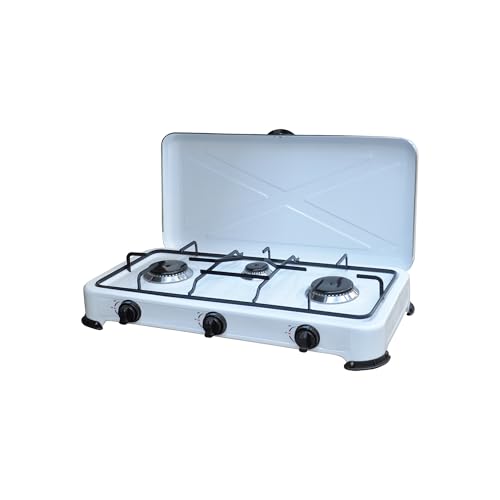 Hornillo de gas GLP KASART – Quemador potente y ligero de acero inoxidable, estructura esmaltada con patas antideslizantes, ideal para camping (3 fuegos)
