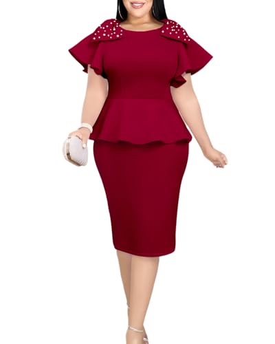 Image of ONTINVA Women's Plus Size Pencil Dress Bowtie Beaded Ruffle Flared Sleeves Wedding Guest Dress Wear to Work Dresses