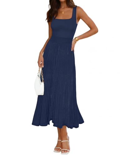 MEROKEETY Women's Summer Midi Dress 2026 Spring Sleeveless Pleated A Line Casual Business Work Cocktail Vacation Dresses, Navy, M