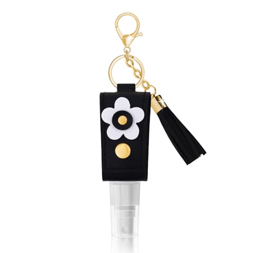 Hand Sanitizer Holder Keychain for Women 30ml Disinfectant Spray Bottle Keyring for Women Girls Refillable Travel Containers Mini Perfume Toner Spray Bottle Black Handbag Accessories image 3