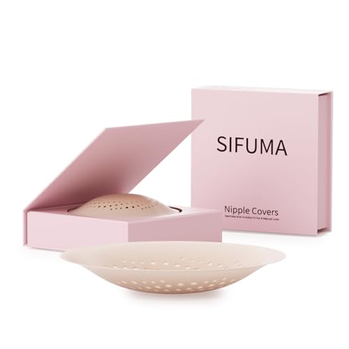 SIFUMA Nipple Cover - Sticky Adhesive Silicone Nipple Pasties - Reusable Pasty Nipple Covers for Women with Travel Box (dark skin tone, 3.15IN)