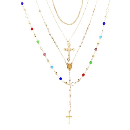 Gold Cross Layered Necklaces for Women,Colorful Crystal Drop Necklace,Gold Cross Pendant Necklace Stack,Fashion Long Tassel Chest Chain Jewelry Layered Rhinestone Neck Chain Accessories for Women
