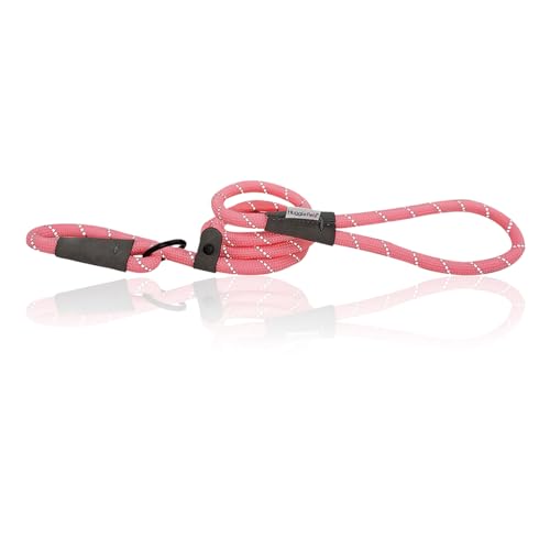 HugglePets Reflective Rope Slip Lead for Dogs - Pink (113cm) High Visibility Weather Resistant Training Lead for Dogs with Strong Inner Core and Welded Ring.