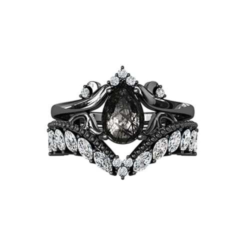 Black Gothic Wedding Ring Set, Pear Cut Black Rutilated Quartz, Crystal Crown Band, 2 Pieces