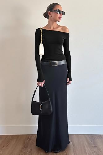 Yousify Womens Ribbed Off The Shoulder Tops Long Sleeve Going Out Tops Cute Slim Fit Shirts with Thumb Holes4