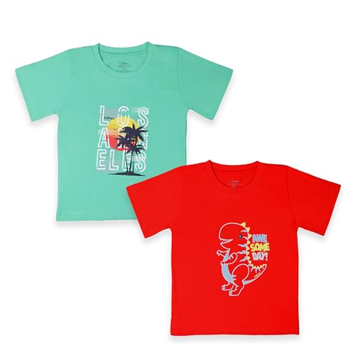 Image of Kidbea Baby Girl 100% Organic Cotton Printed Color Half Sleeve T-Shirt RB 06-1YS (Set of 2) Red
