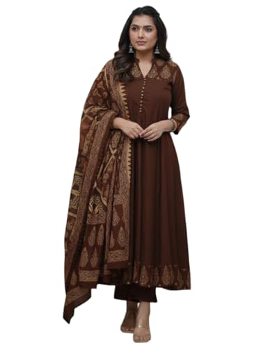 Image of GoSriKi Women's Rayon Viscose Anarkali Printed Kurta Pant with Dupatta | Anarkali Kurta Set for Women | Flared Kurti Pant Set | Ethnic Printed Suit for Women