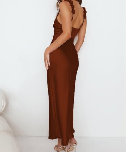 Image of Phicia Summer Satin Spaghetti Strap V Neck Midi Dresses for Women Wedding Guest Elegant Flower Backless Cocktail Formal Dress