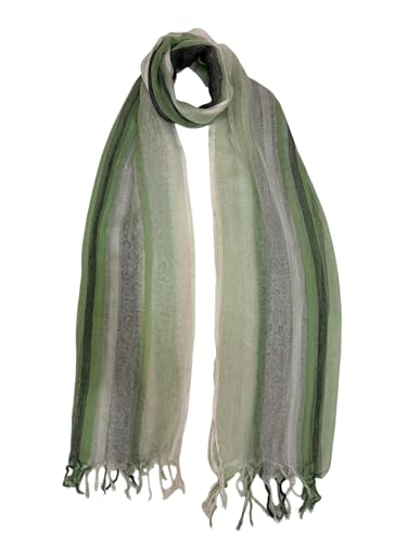 Silk Scarf for Women – Lightweight Summer Wrap with Green Stripes & Tassels – Soft Elegant Travel Shawl – Breathable Neck Accessory – 70x180cm4