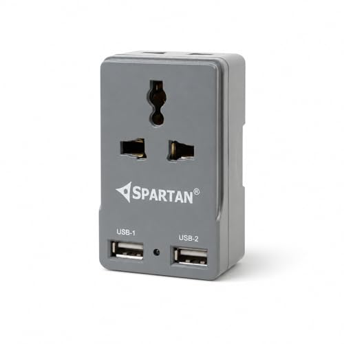 Image of Spartan 3 Pin All Multiplug Charger /Travel Adapter, 10A Power Sockets / 2Pin & 3Pin Socket Adapter with Dual USB Charging Port (Grey, Pack of 1)