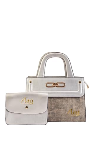 Image of Hashtag Lifestyle Women's Luxury Metallic Top Handle Handbag 2-Piece Set | Silver Grey Textured Satchel with Matching Envelope Wallet | 120 cm Adjustable Shoulder Strap | Office Travel